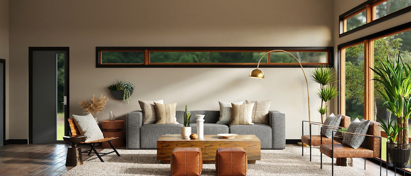 A Japandi-inspired living room in a Bengaluru apartment blends low seating, natural textures, and warm terracotta accents.