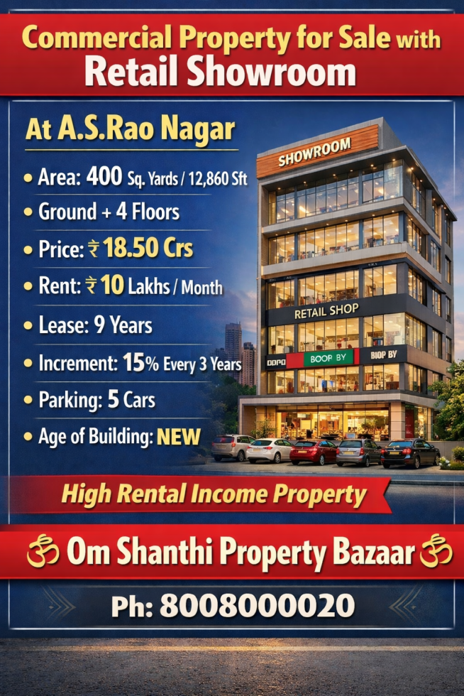 Built-up 12860 Sq.ft Commercial Showroom for Sale in AS Rao Nagar Hyderabad by Ramesh