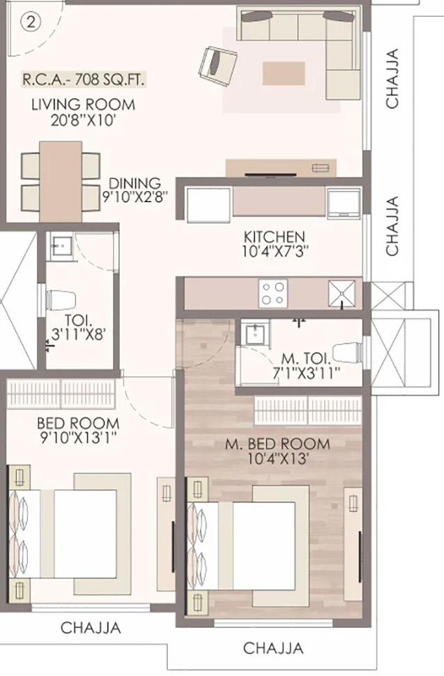 2 BHK - 708 Sq.ft.