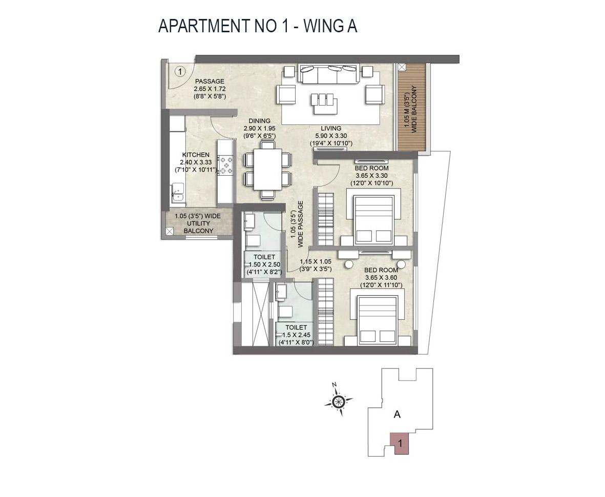 2 BHK - 913 Sq.ft.