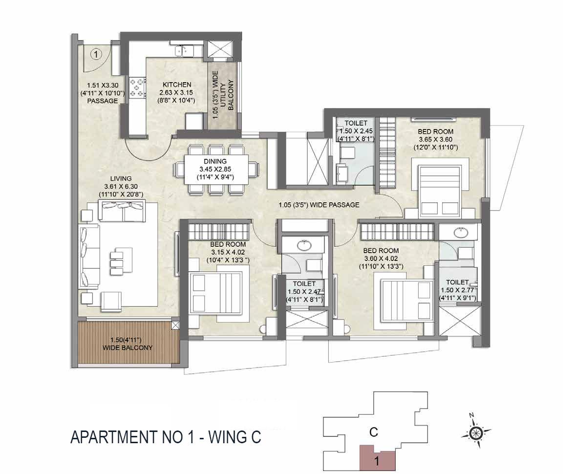 3 BHK - 1274 Sq.ft, 1276 Sq.ft, 1318 Sq.ft