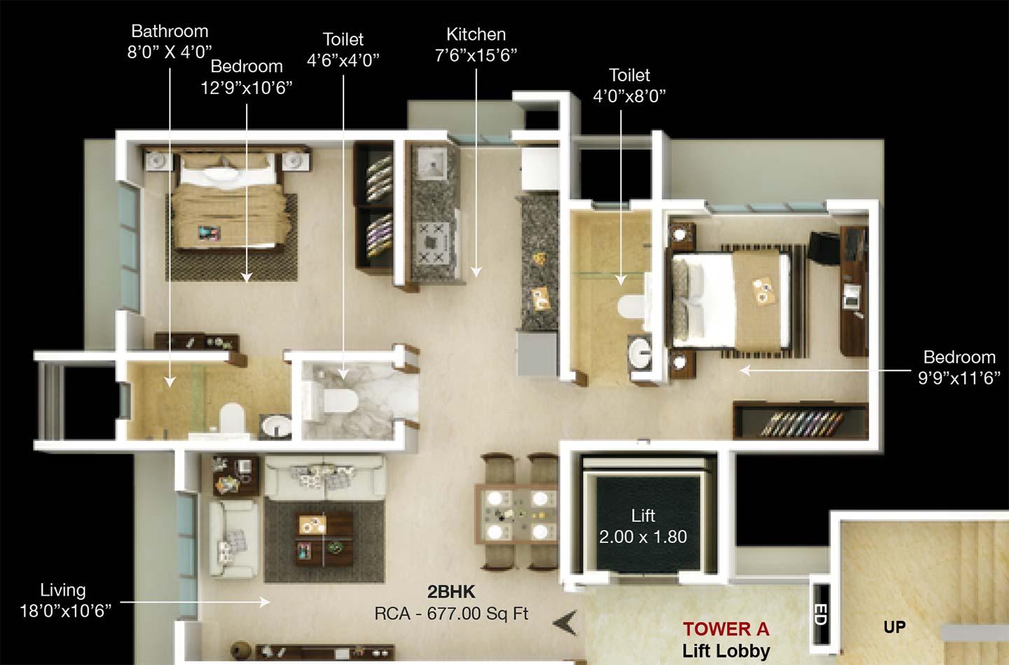 2 BHK - 677 Sq.ft.