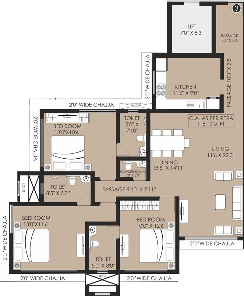 3 BHK - 1181 Sq.ft.