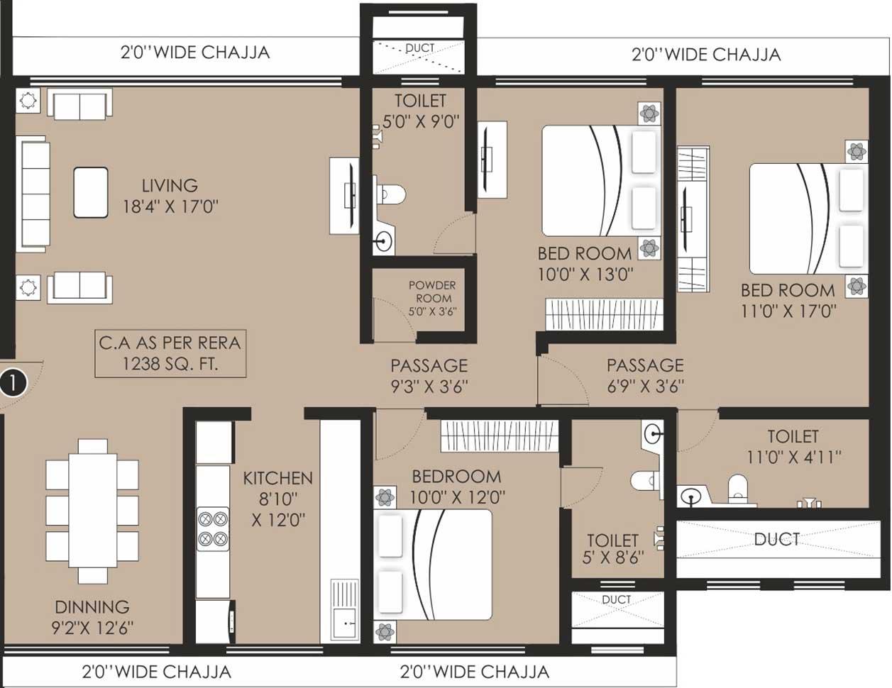 3 BHK - 1238 Sq.ft.