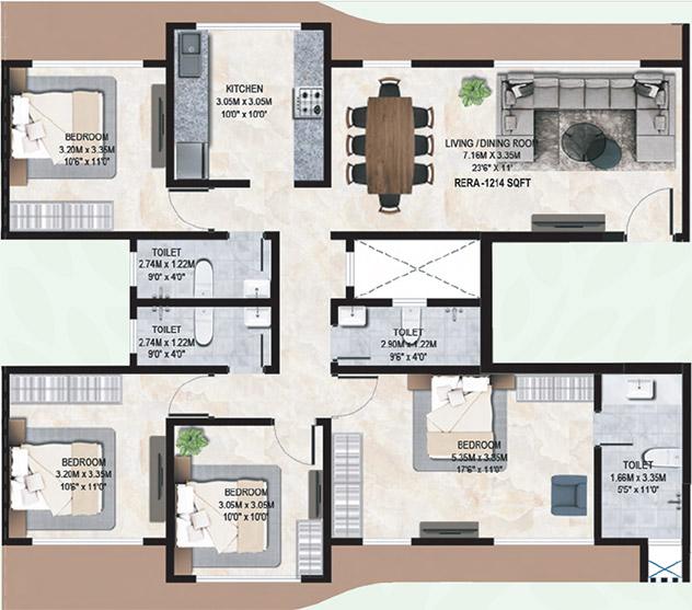 4 BHK - 1214 Sq.ft.