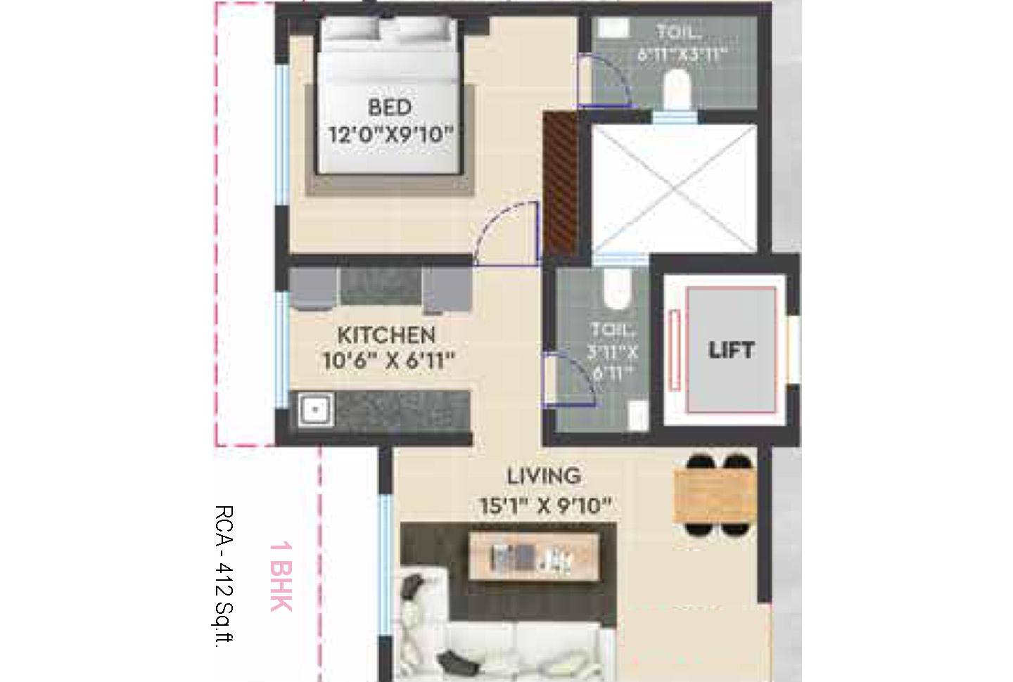 1 BHK - 412 Sq.ft.