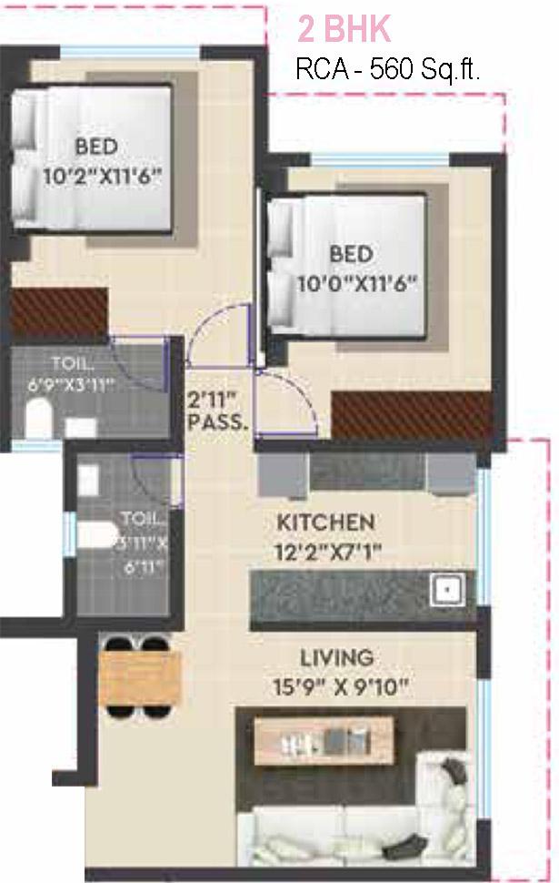 2 BHK - 560 Sq.ft.