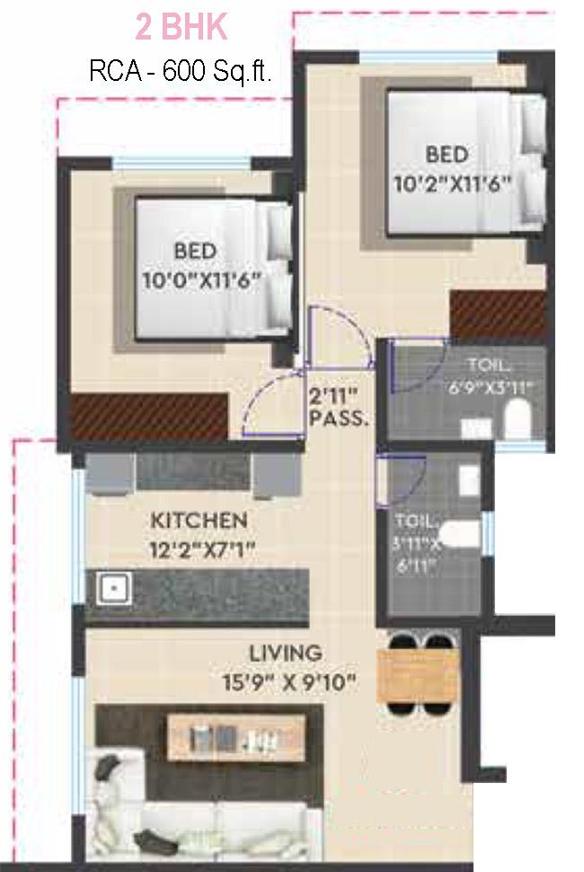 2 BHK - 600 Sq.ft.