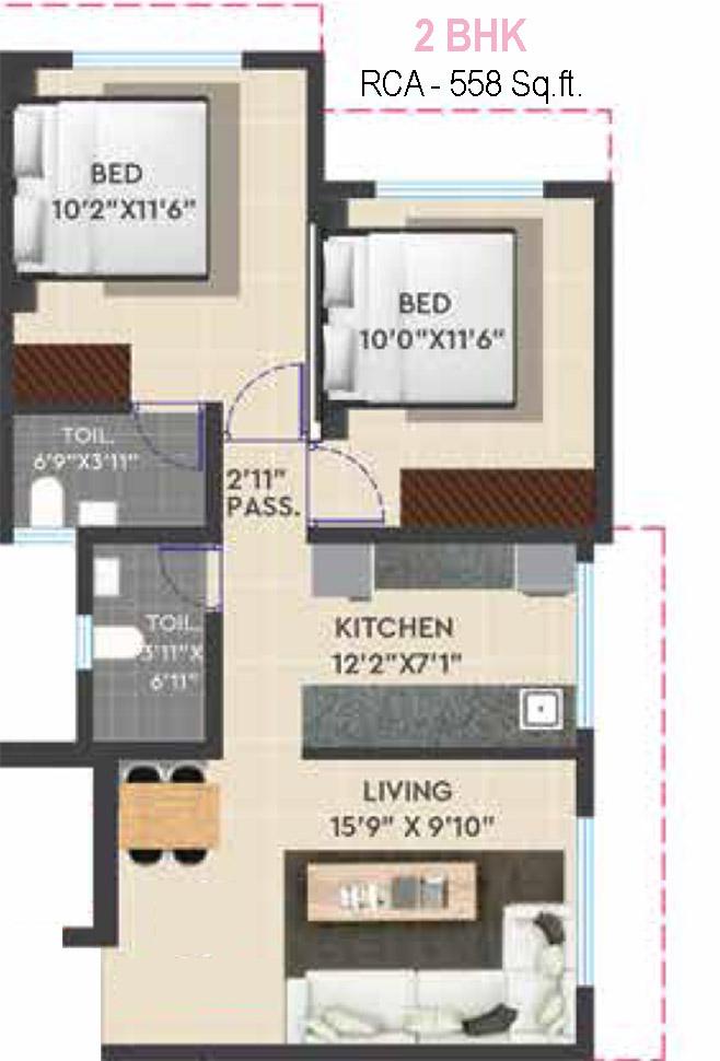 2 BHK - 558 Sq.ft.