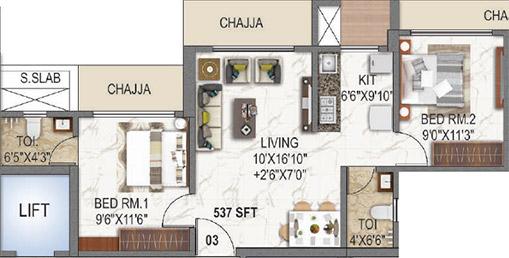 2 BHK - 537 Sq.ft.