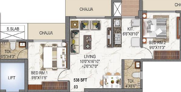 2 BHK - 538 Sq.ft.