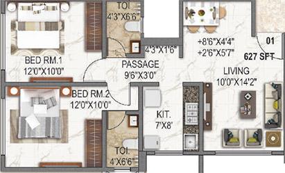 2 BHK - 627 Sq.ft.