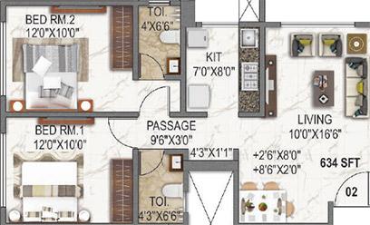 2 BHK - 634 Sq.ft.