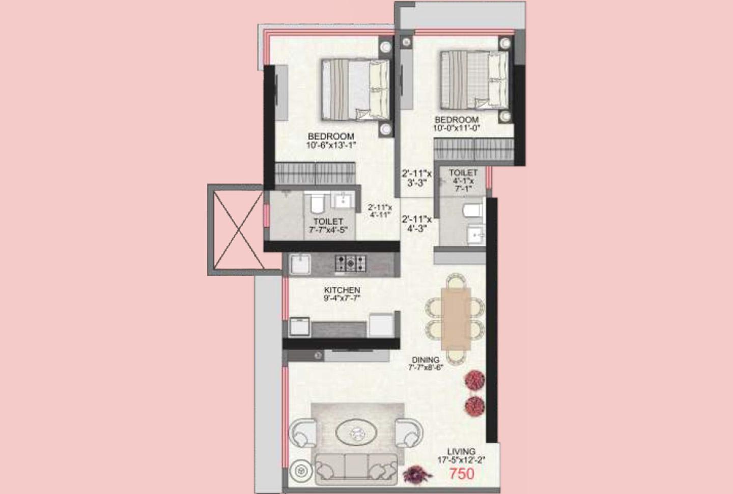 2 BHK - 750 Sq.ft.