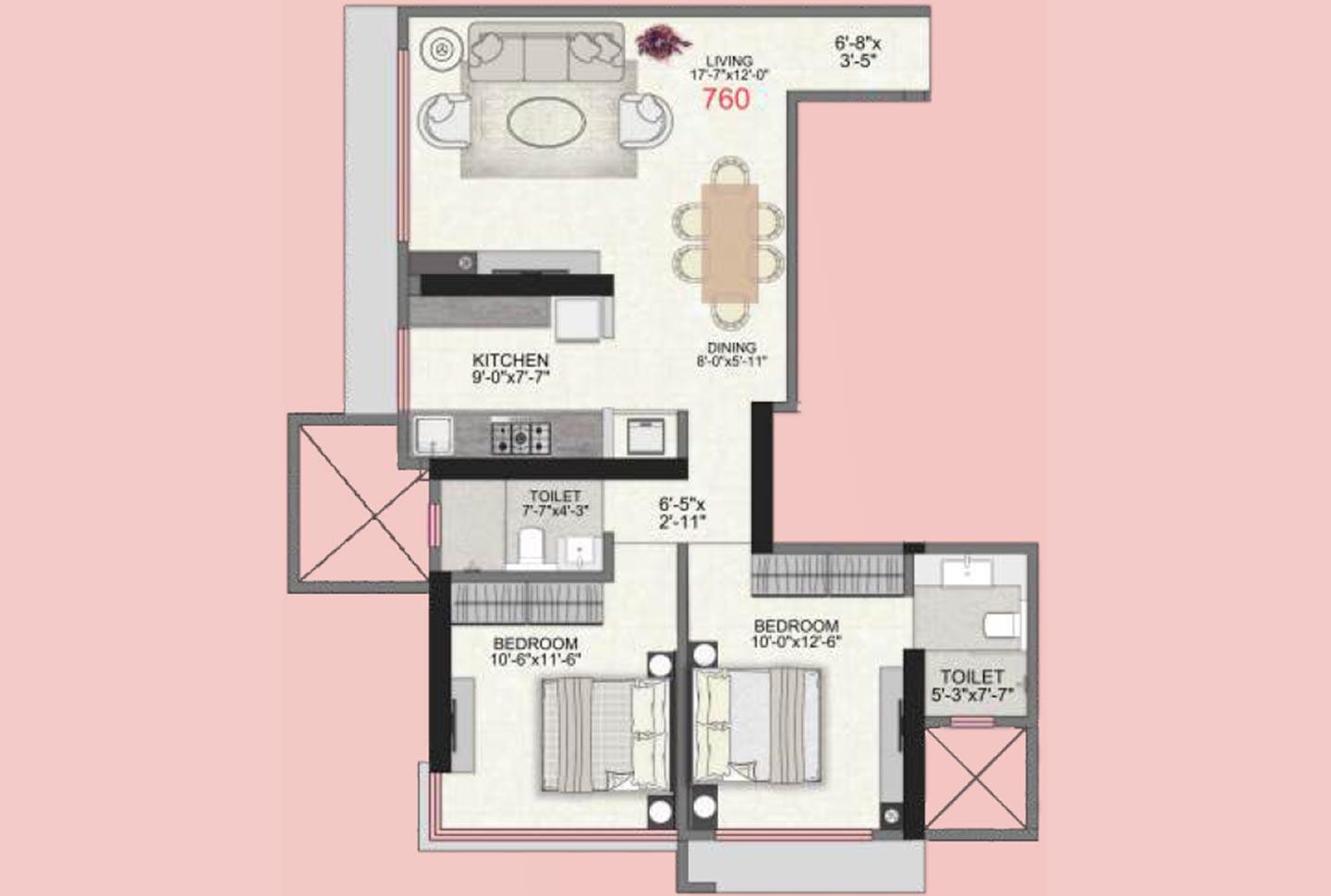 2 BHK - 760 Sq.ft.