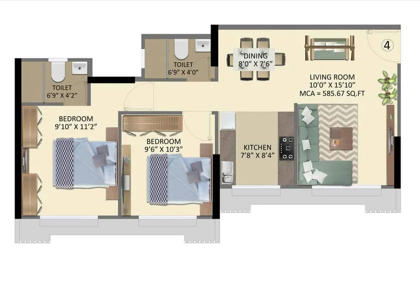 2 BHK - 585 Sq.ft.
