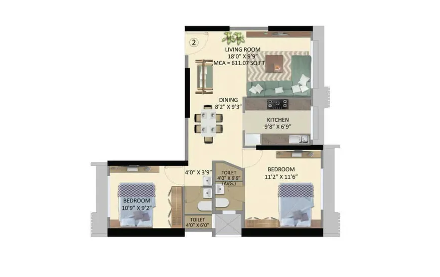 2 BHK - 611 Sq.ft.