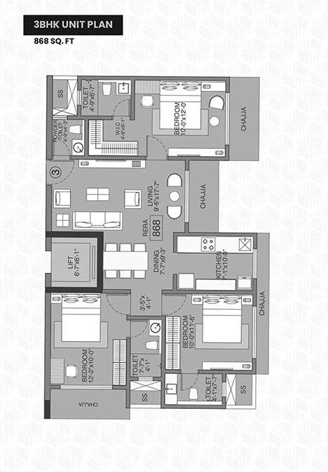 3 BHK - 868 Sq.ft.