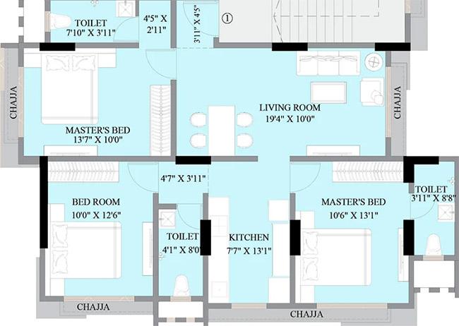 3 BHK - 888 Sq.ft.