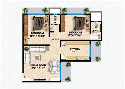2 BHK - 631 Sq.ft.