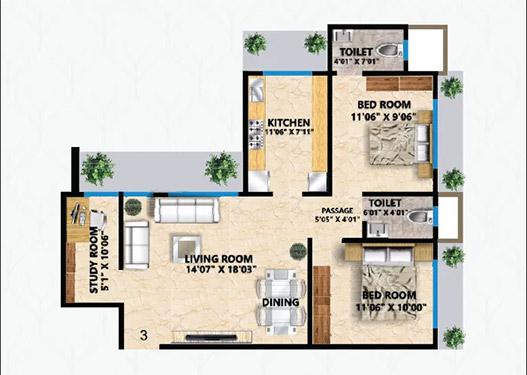 2.5 BHK - 742 Sq.ft.