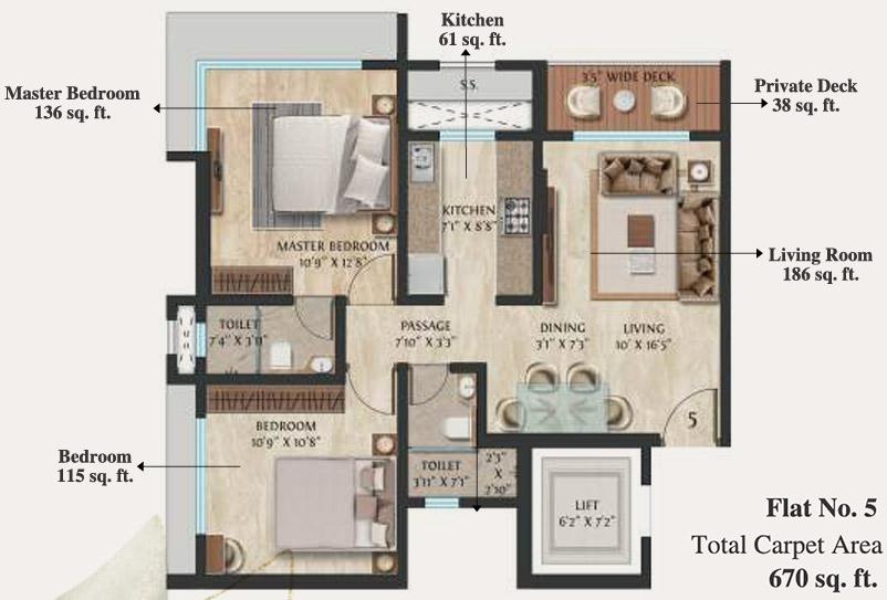 2 BHK - 670 Sq.ft.