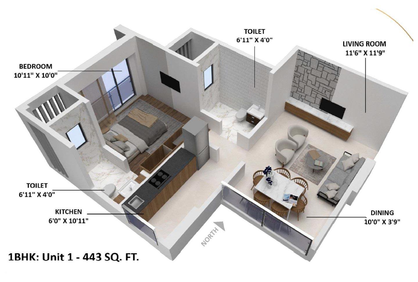 1 BHK - 463 Sq.ft.443