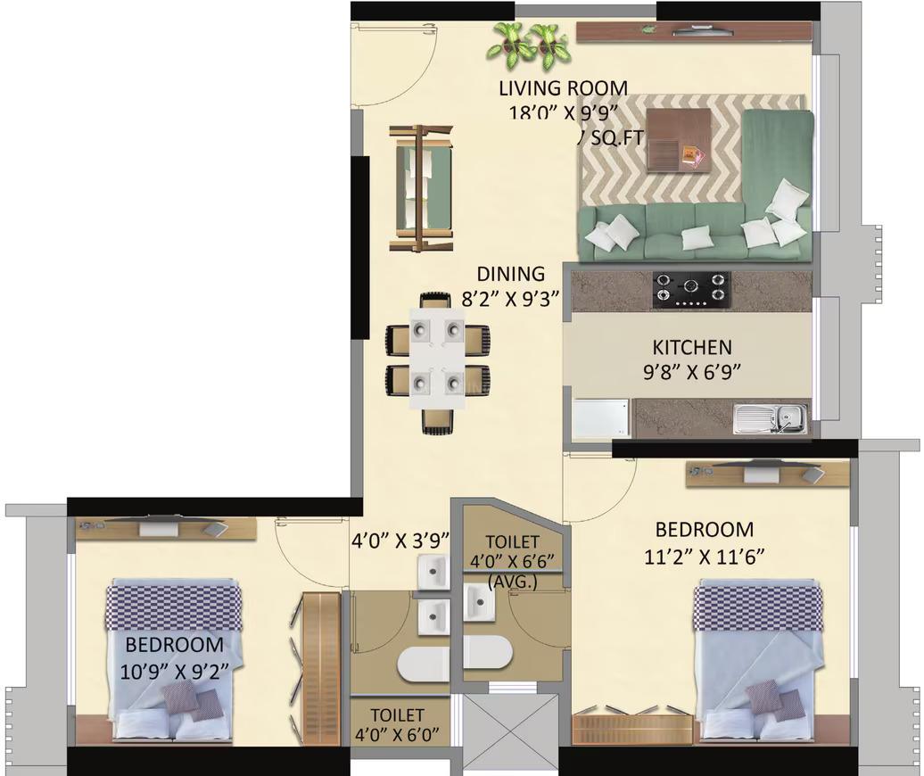 2 BHK - 601 Sq.ft.