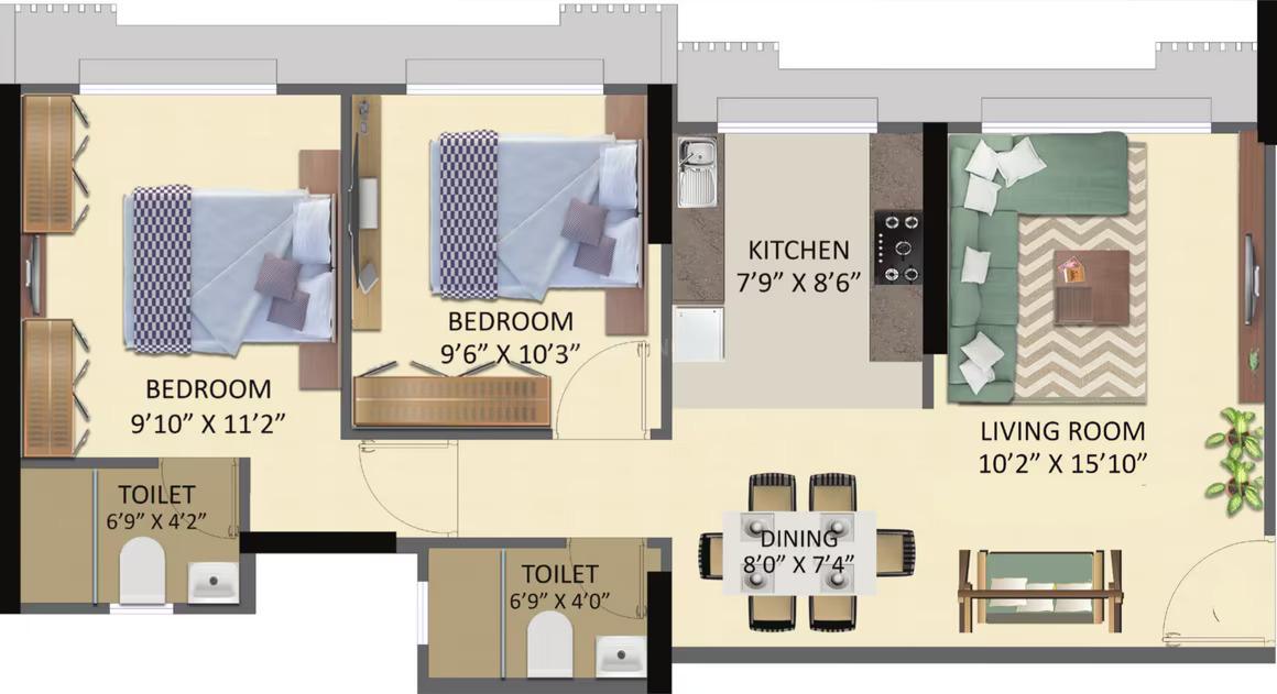 2 BHK - 629 Sq.ft.