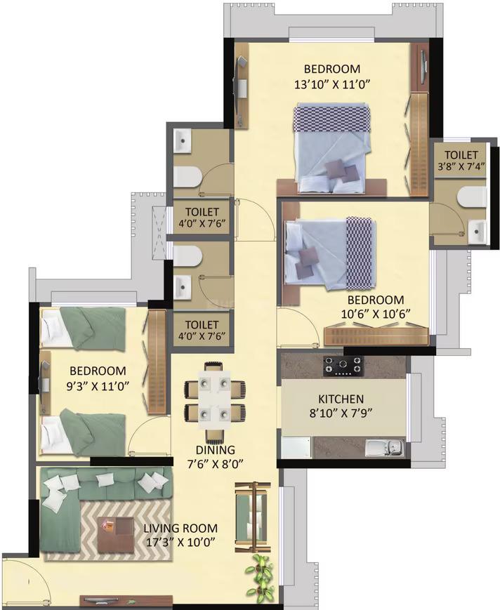 3 BHK - 821 Sq.ft.