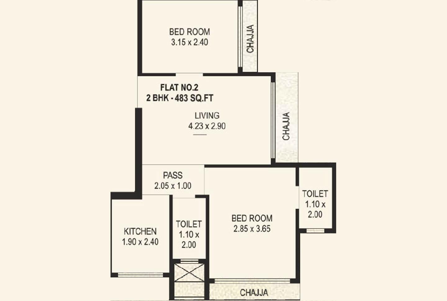2 BHK - 483 Sq.ft.