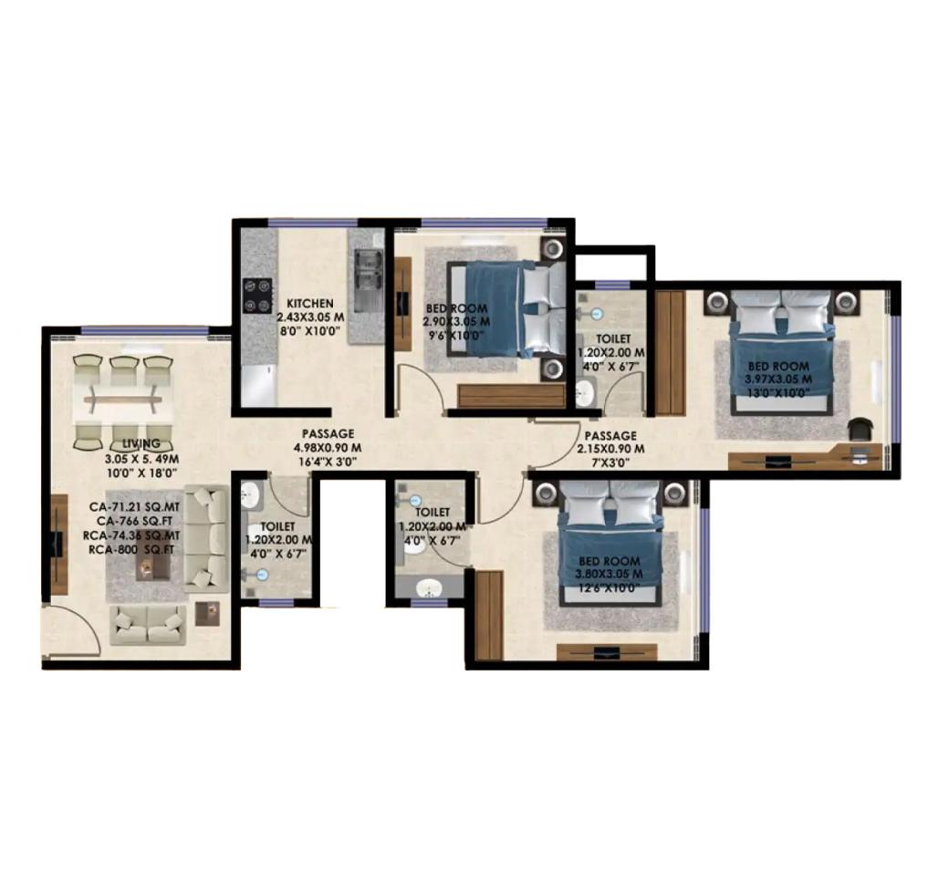 3 BHK - 750 Sq.ft.