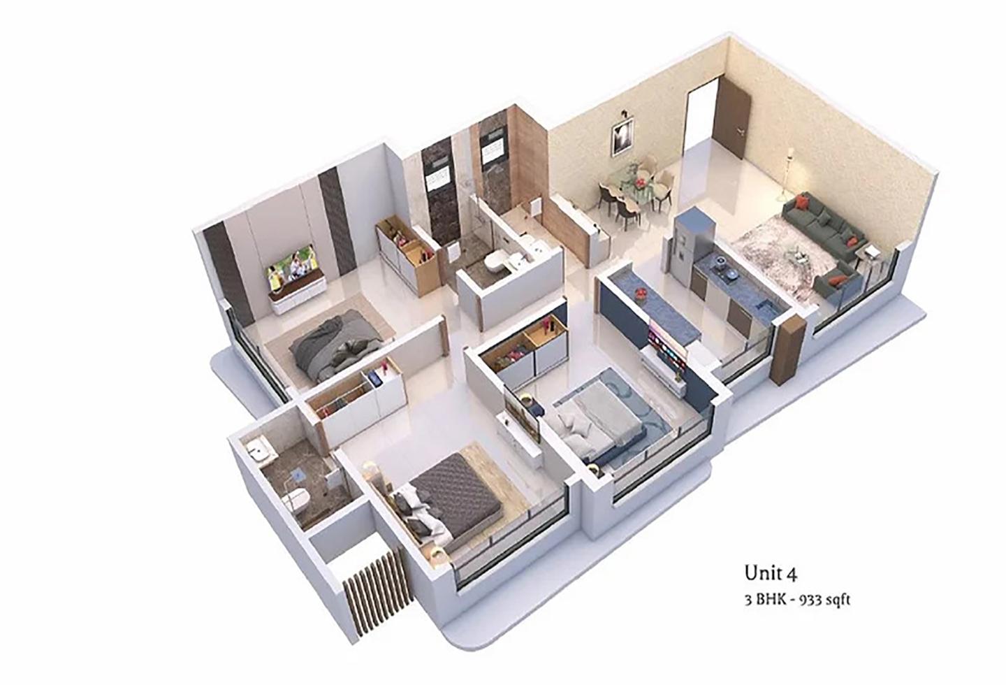 3 BHK - 933 Sq.ft.