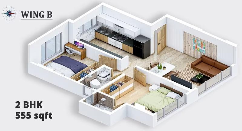 2 BHK - 555 Sq.ft.