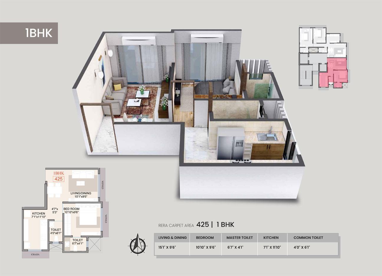 1 BHK - 425 Sq.ft.