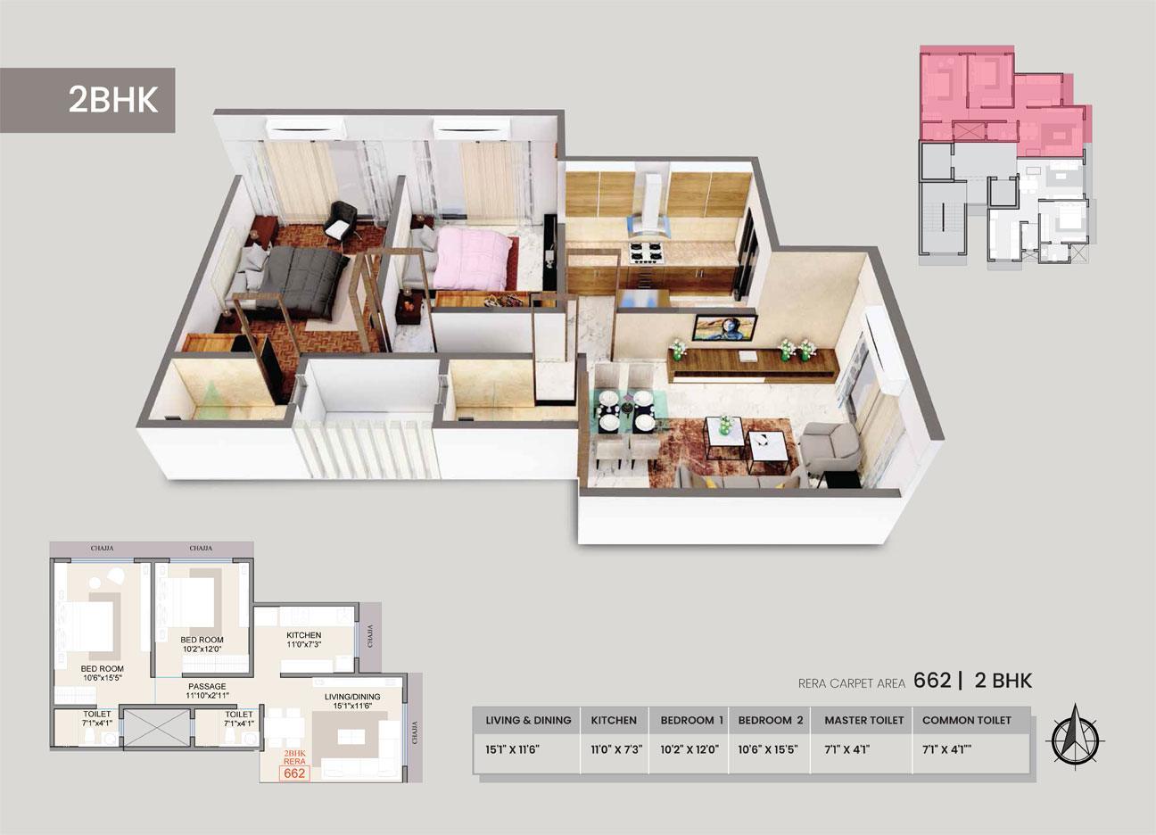 2 BHK - 662 Sq.ft.