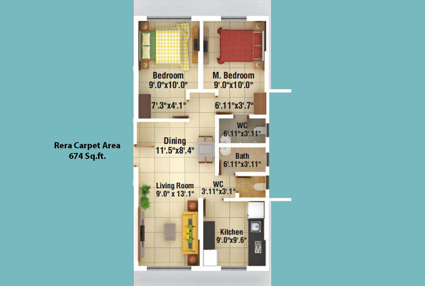 2 BHK - 674 Sq.ft.