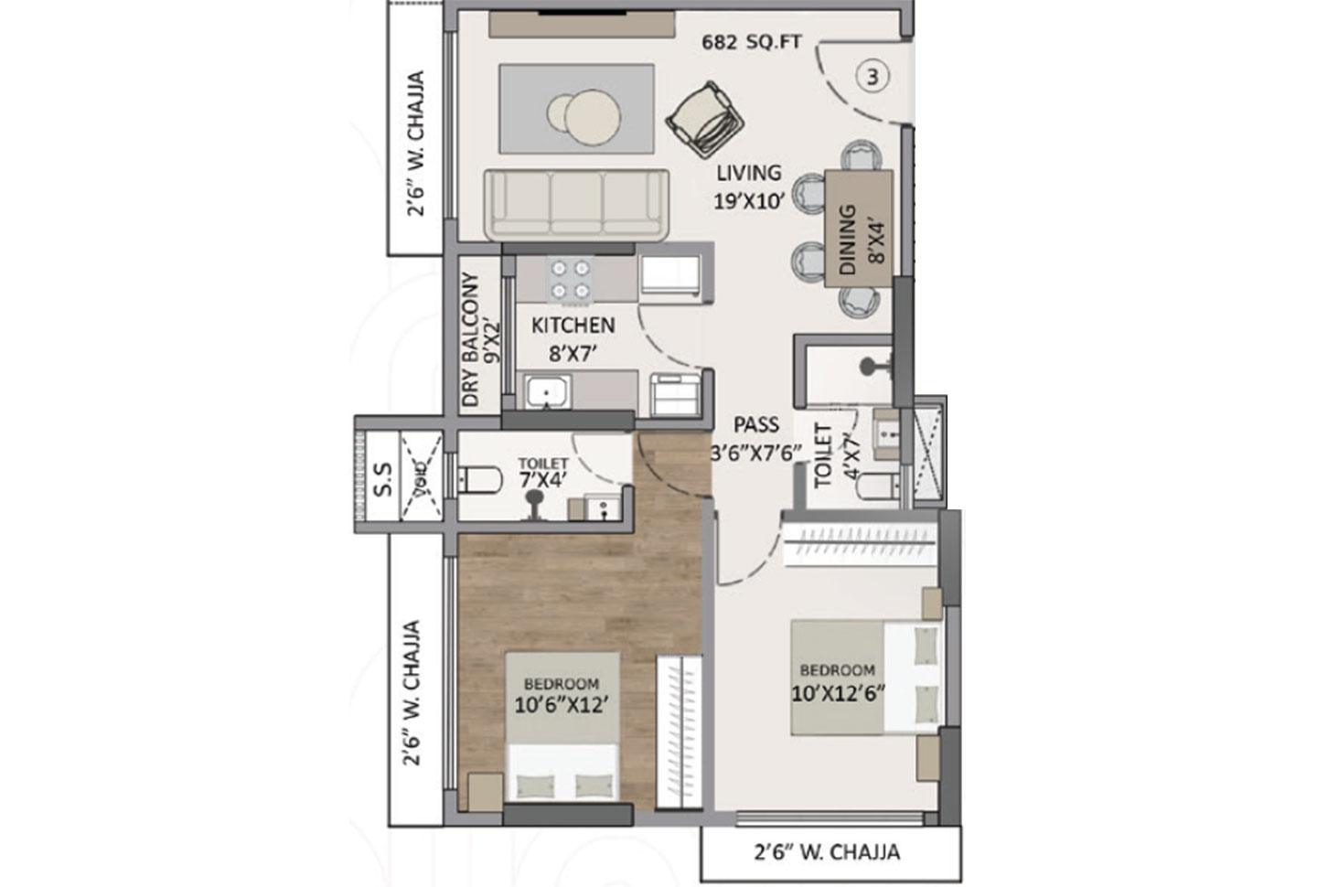 2 BHK - 682 Sq.ft.
