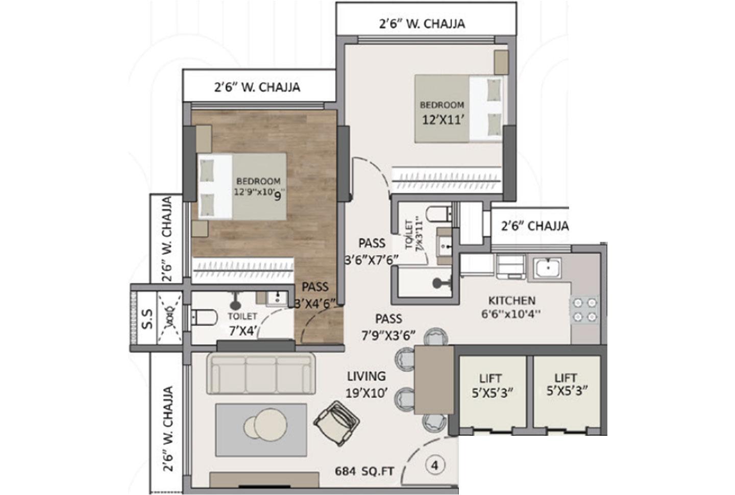 2 BHK - 684 Sq.ft.