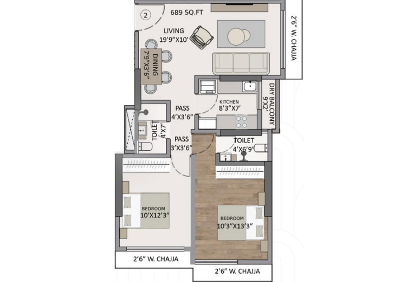 2 BHK - 689 Sq.ft.