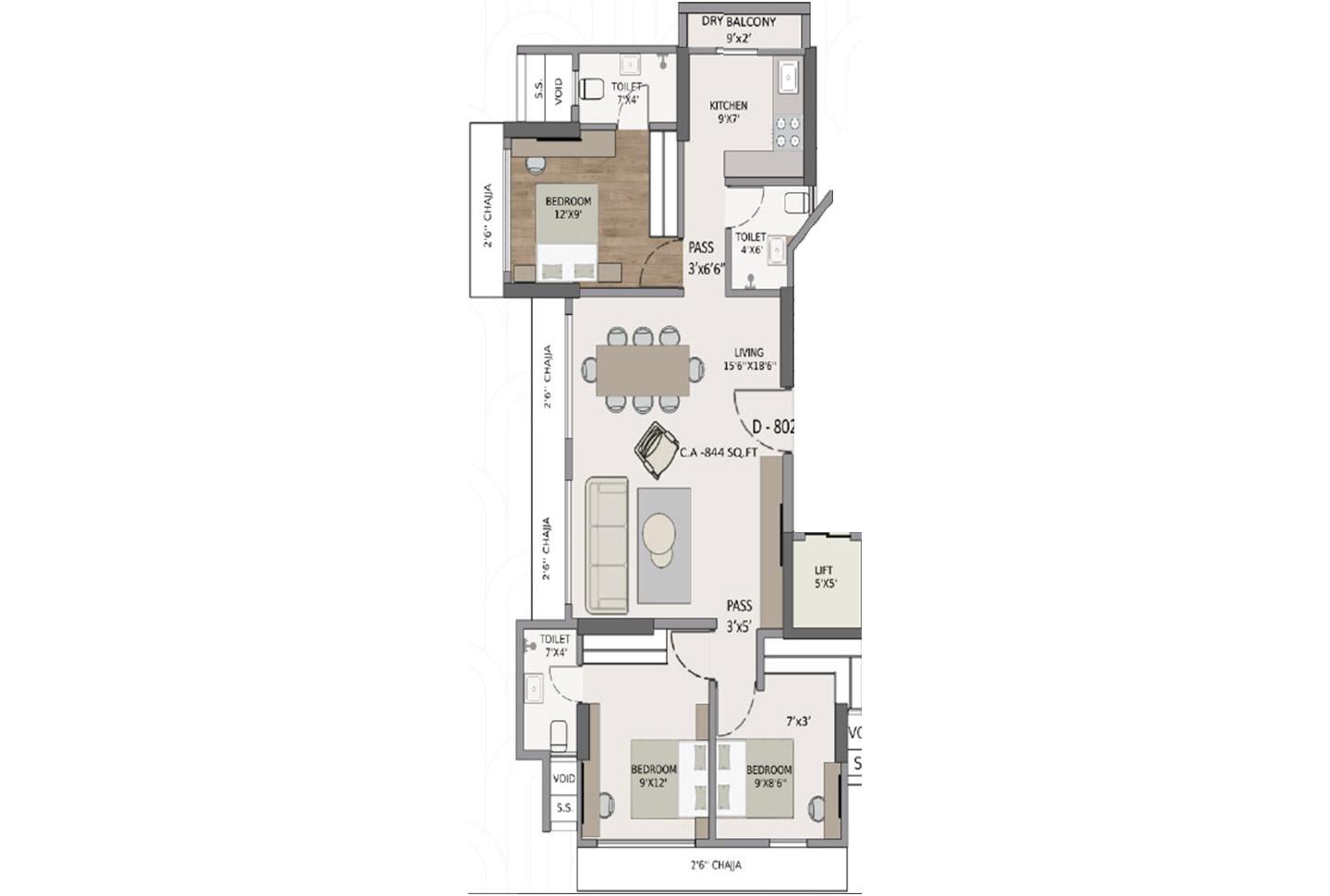 3 BHK - 844 Sq.ft.