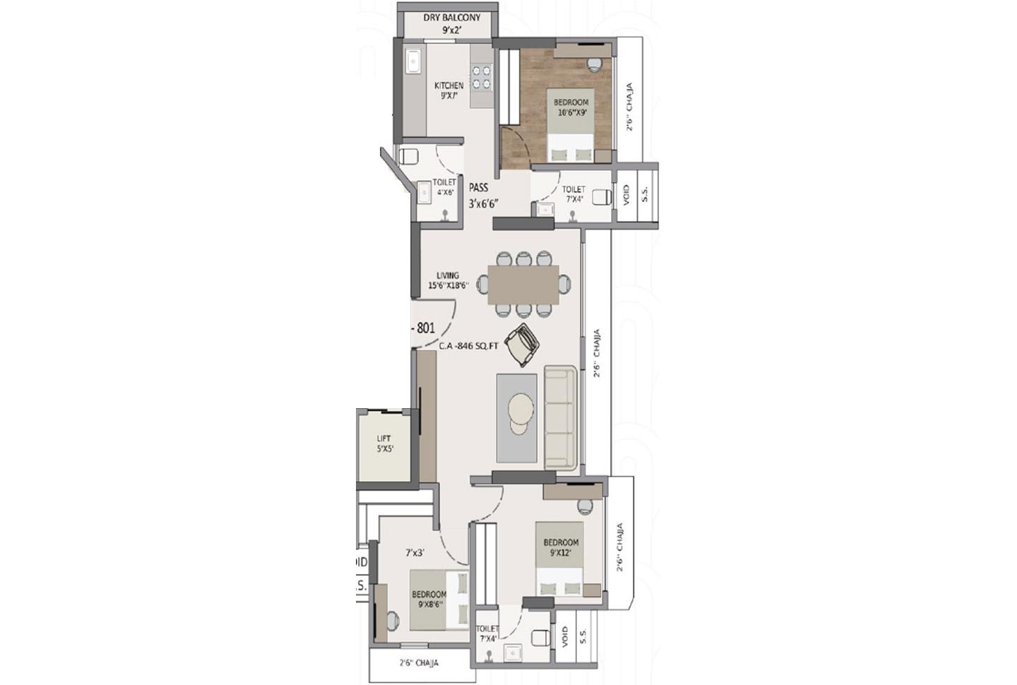 3 BHK - 846 Sq.ft.