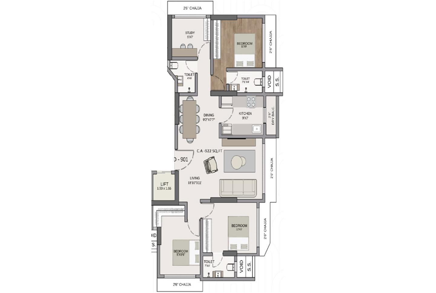 3.5 BHK - 922