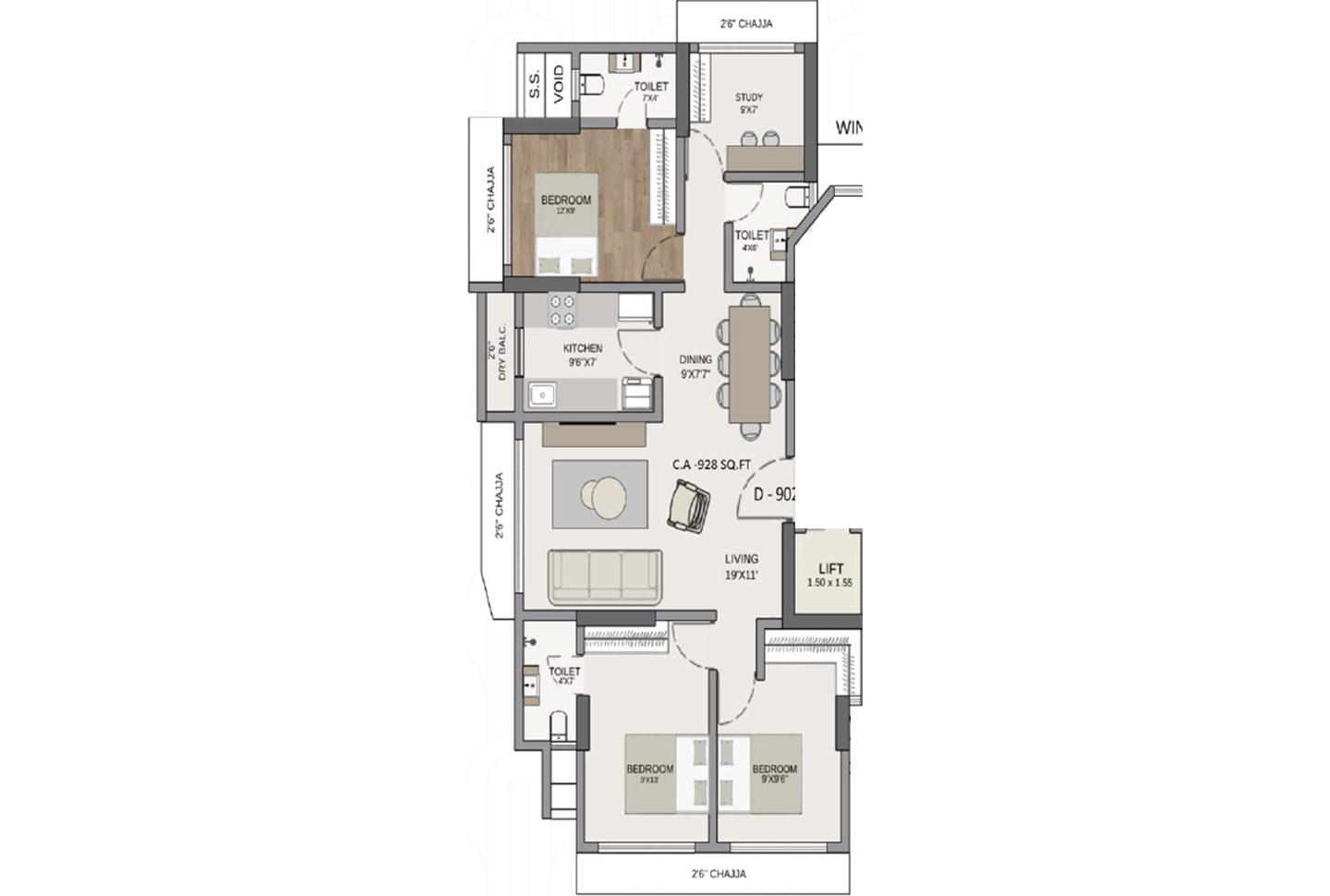 3.5 BHK - 928 Sq.ft.