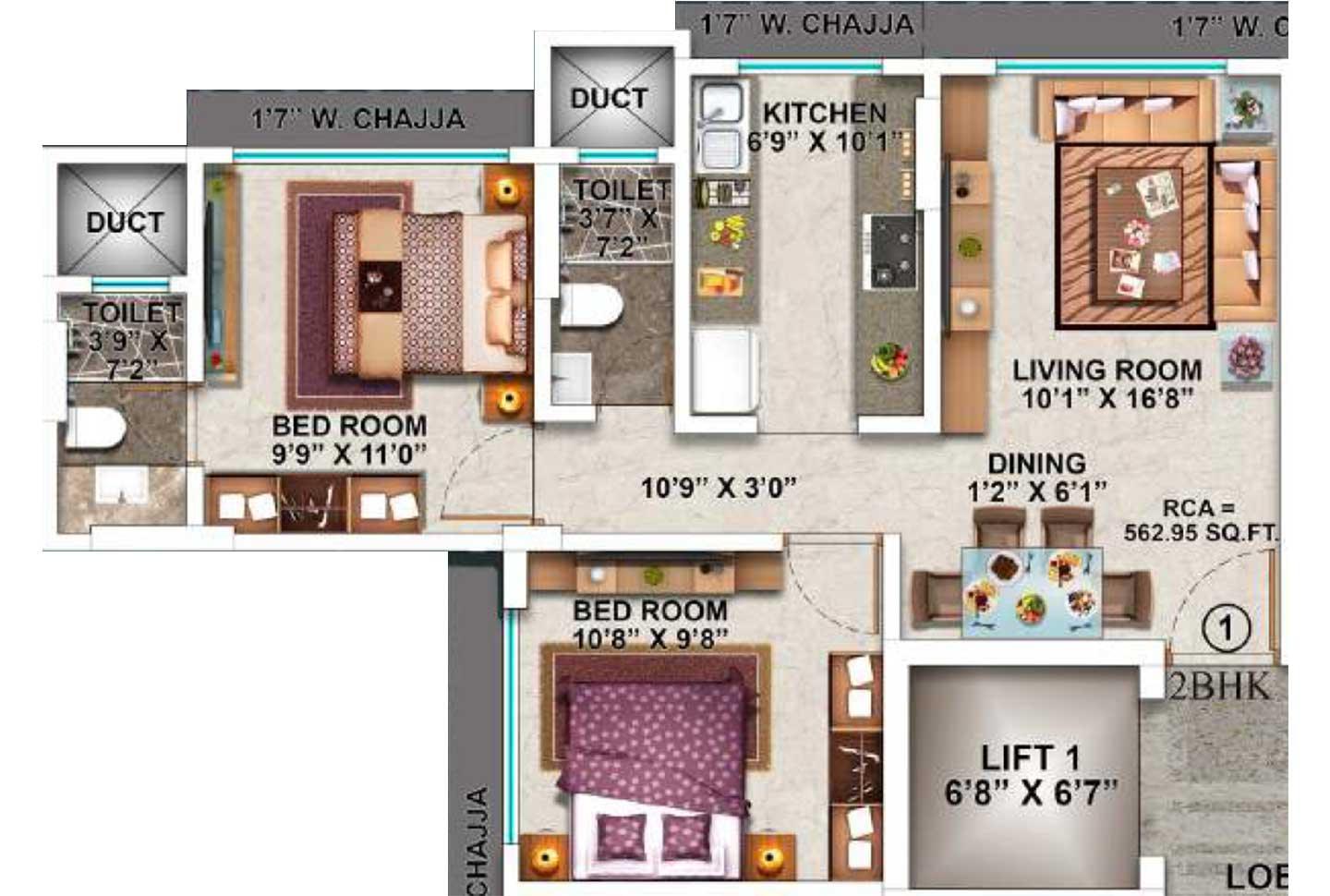 2 BHK - 563 Sq.ft.