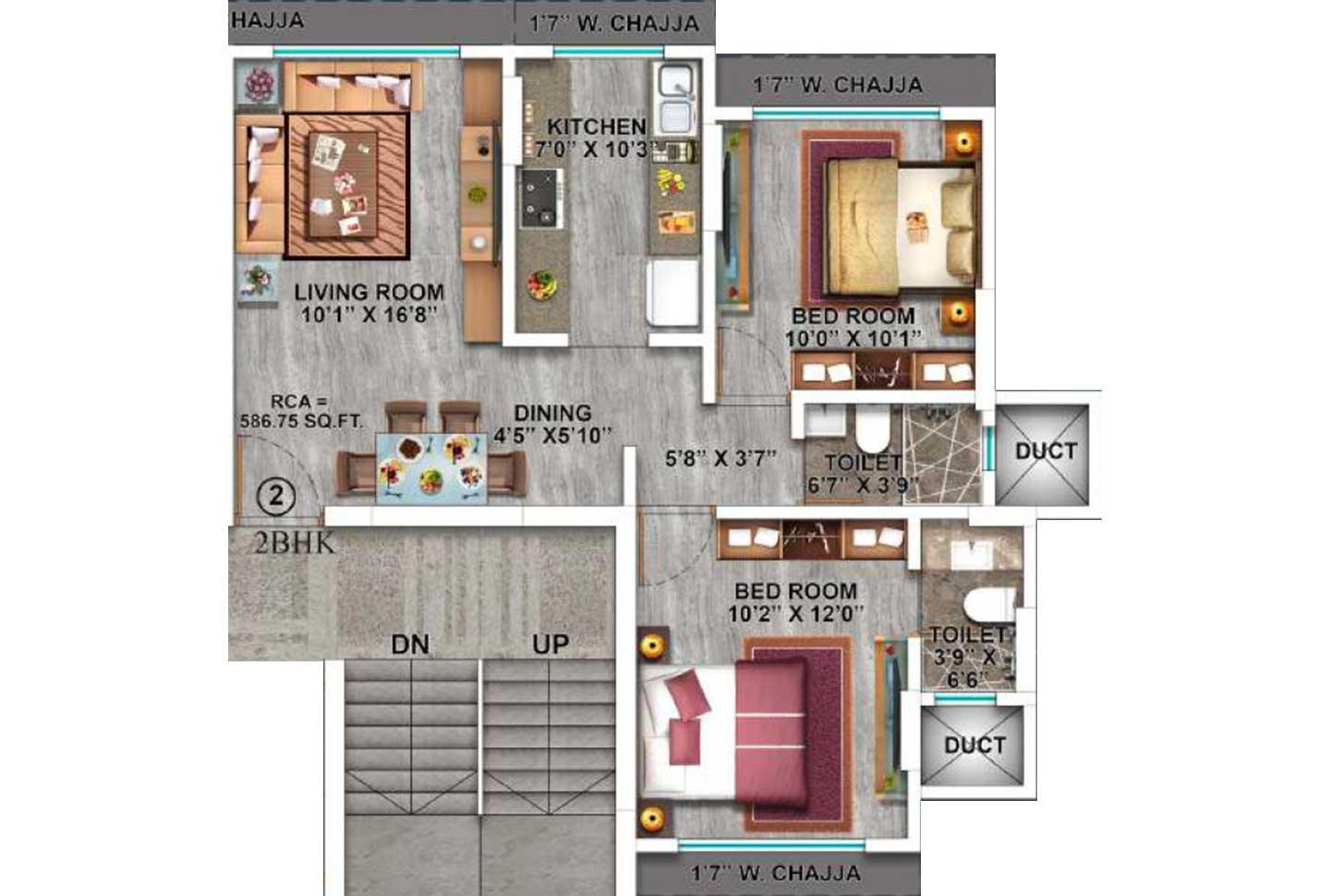 2 BHK - 587 Sq.ft.