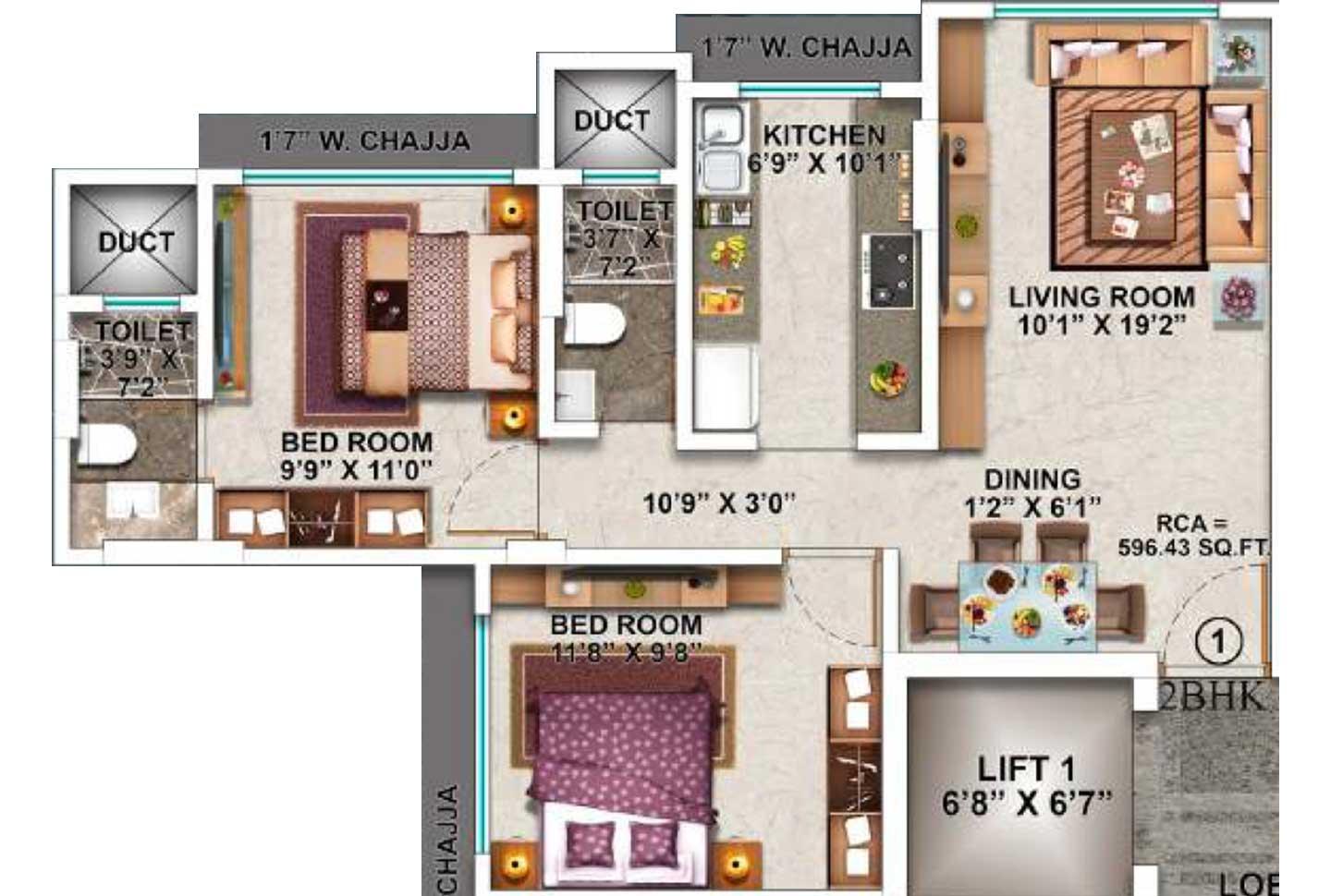 2 BHK - 596 Sq.ft.