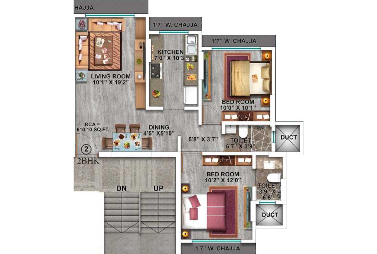 2 BHK - 610 Sq.ft.