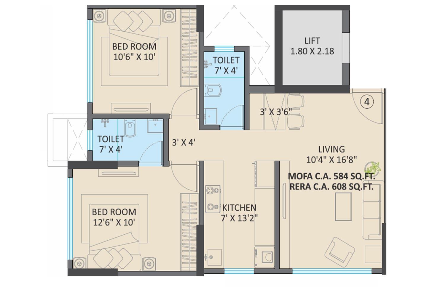 2 BHK - 608 Sq.ft.