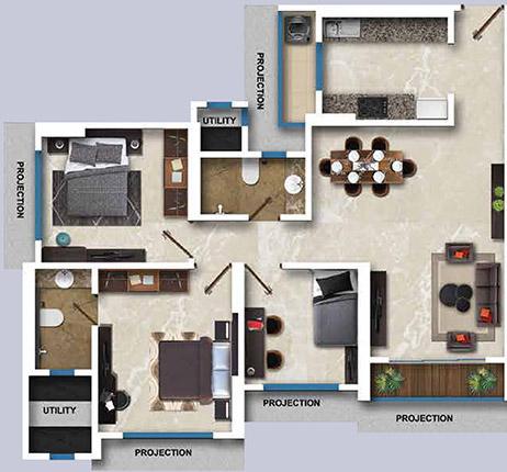 2 BHK - 908 Sq.ft.